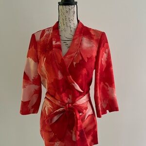 Women's Red Floral Kimono Elegant Silk Blouse